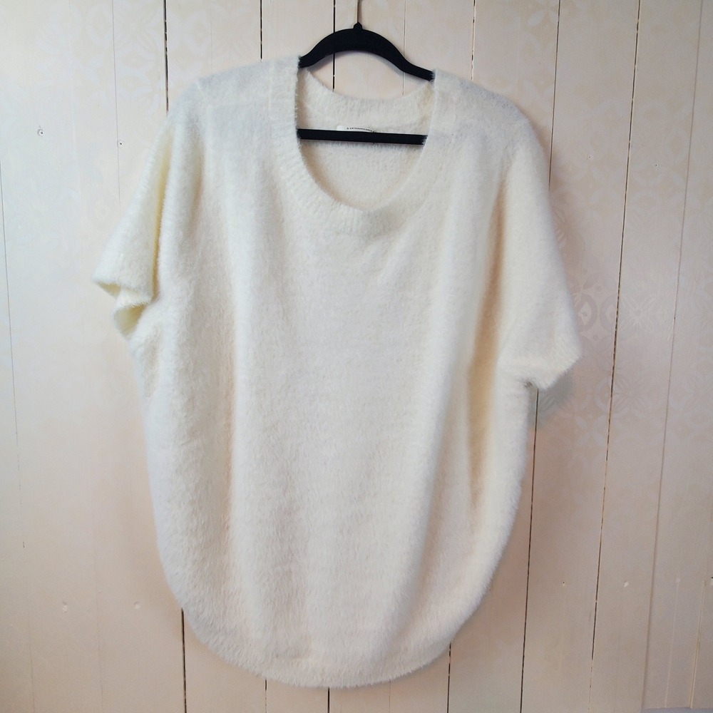 Anthropologie Ivory Cream White Fuzzy Knit Short Sleeve Sweater Top Pleated Back